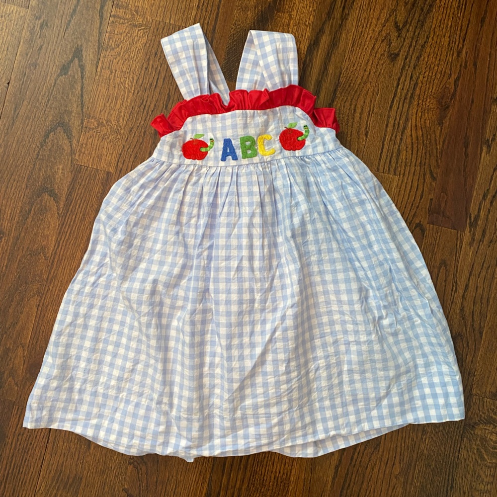 Cecil and Lou- 100% cotton dress Back to School girl Blue Gingham ABC Apple (5)